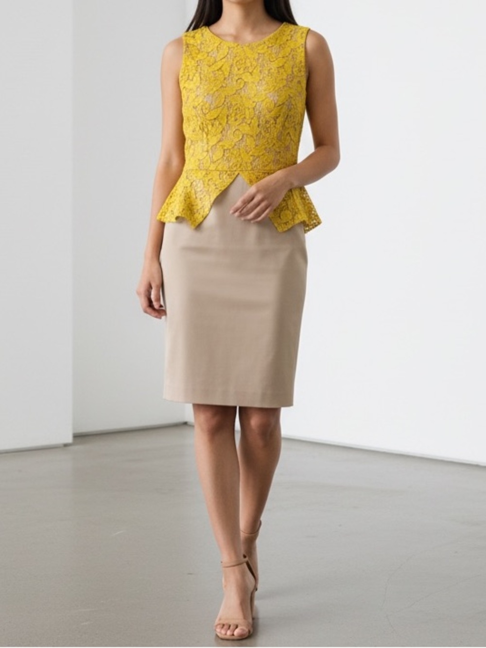 ANTONIO MELANI Yellow Lace Peplum Top with Beige Pencil Skirt